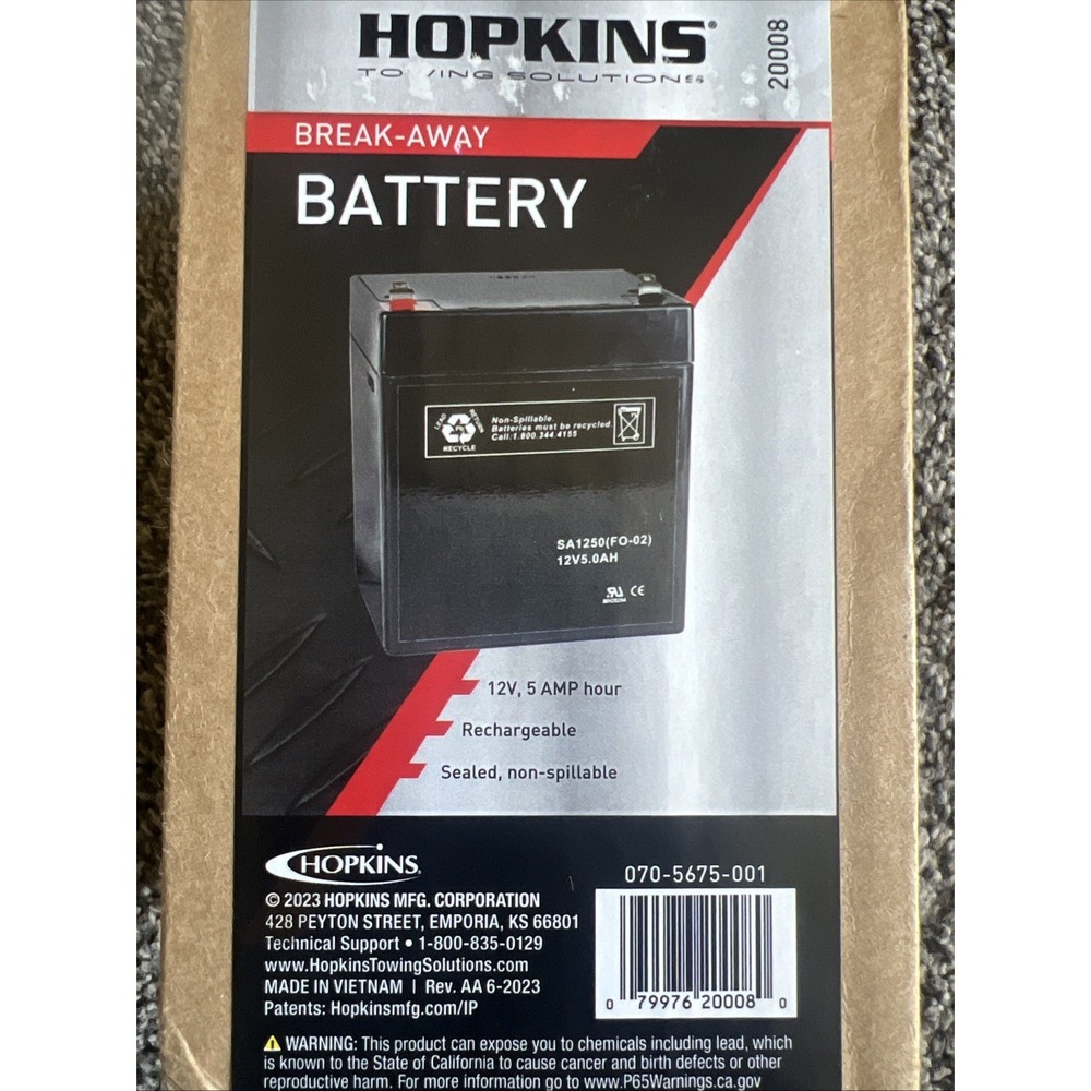 Hopkins Towing Solution 20008 RT1250 12V 5.0AH New